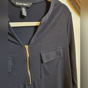 Ellen Tracy, S/M Navy Blouse with Gold Zipper